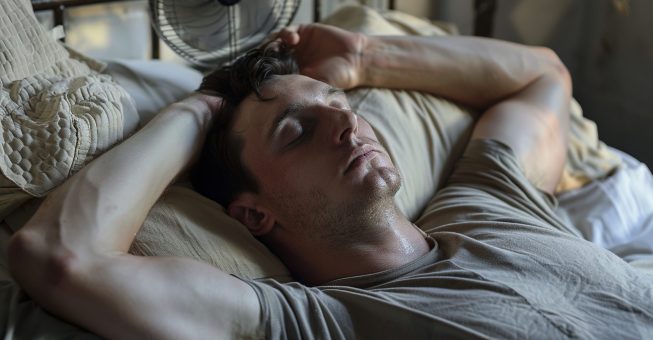 A man is laying down on a bed next to a running fan.