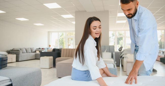 A young couple is choosing bedding at a bed, mattress and pillow store. Everything for a comfortable sleep.